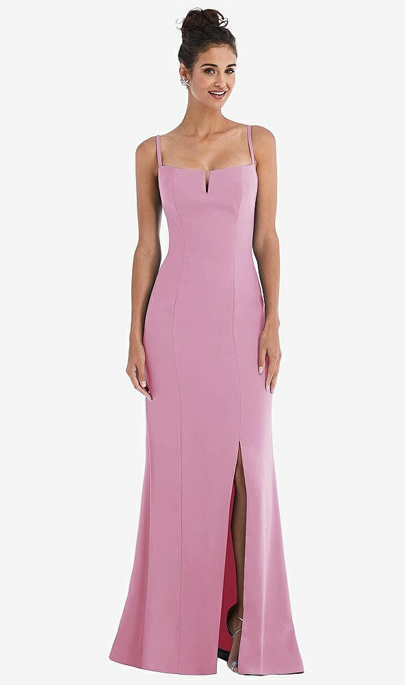 Front View - Powder Pink Notch Crepe Trumpet Gown with Front Slit