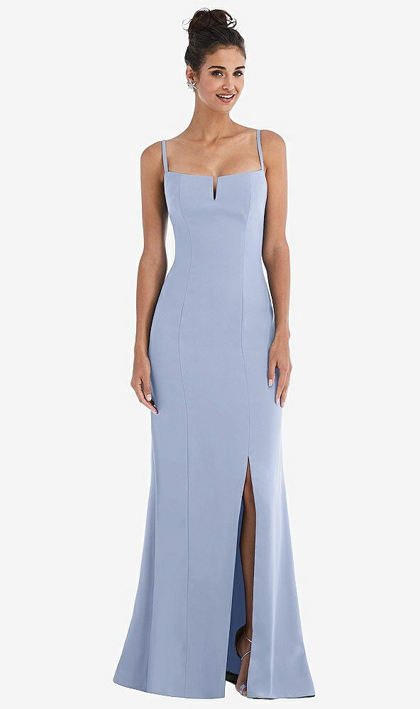 Front View - Sky Blue Notch Crepe Trumpet Gown with Front Slit