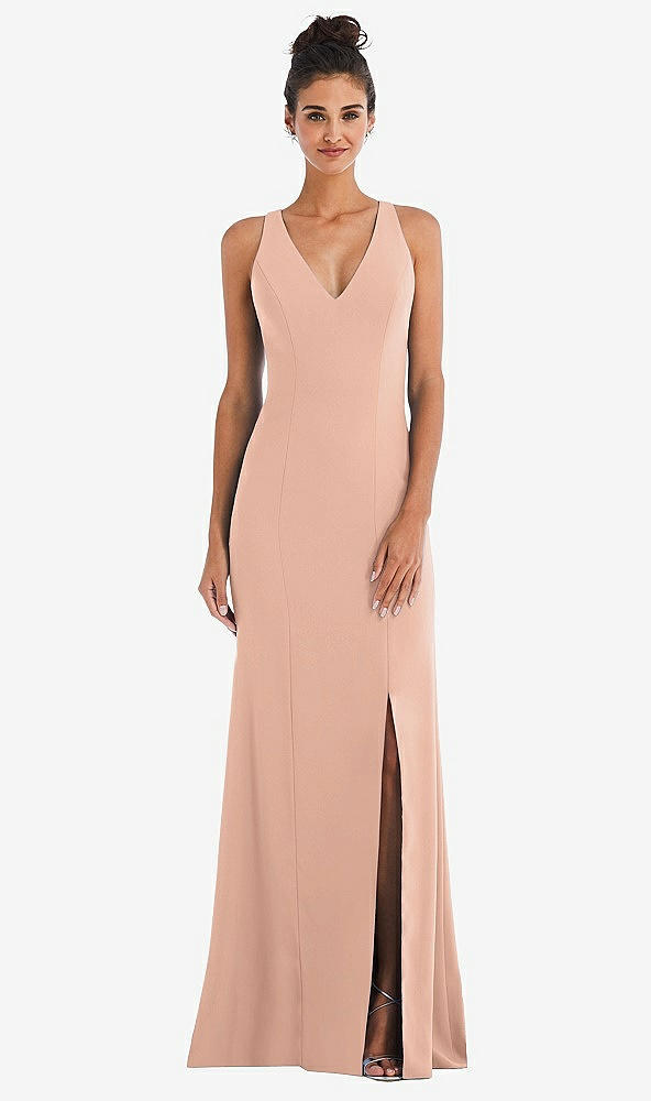 Back View - Pale Peach Criss-Cross Cutout Back Maxi Dress with Front Slit