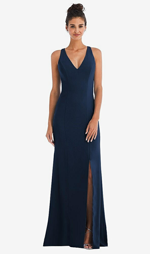 Back View - Midnight Navy Criss-Cross Cutout Back Maxi Dress with Front Slit