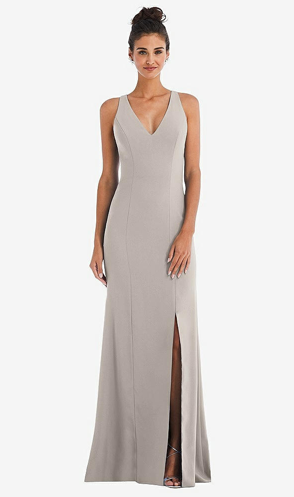 Back View - Taupe Criss-Cross Cutout Back Maxi Dress with Front Slit