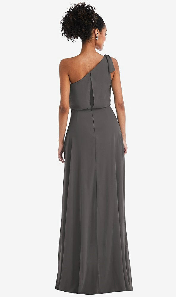 Back View - Caviar Gray One-Shoulder Bow Blouson Bodice Maxi Dress