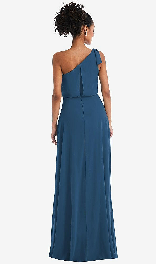 Back View - Dusk Blue One-Shoulder Bow Blouson Bodice Maxi Dress