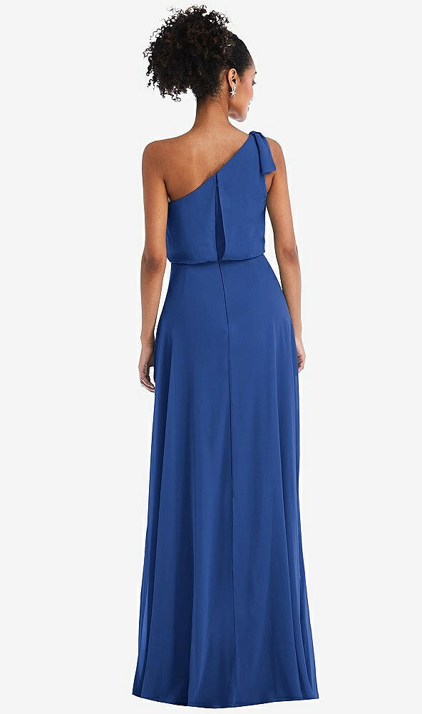 Back View - Classic Blue One-Shoulder Bow Blouson Bodice Maxi Dress
