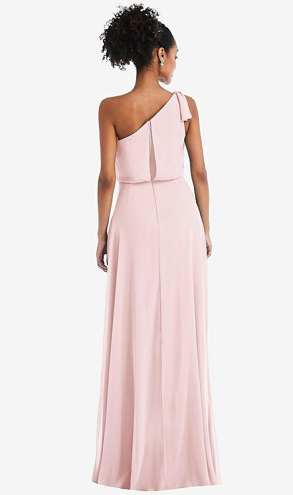 Back View - Ballet Pink One-Shoulder Bow Blouson Bodice Maxi Dress
