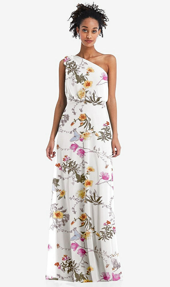 Front View - Butterfly Botanica Ivory One-Shoulder Bow Blouson Bodice Maxi Dress