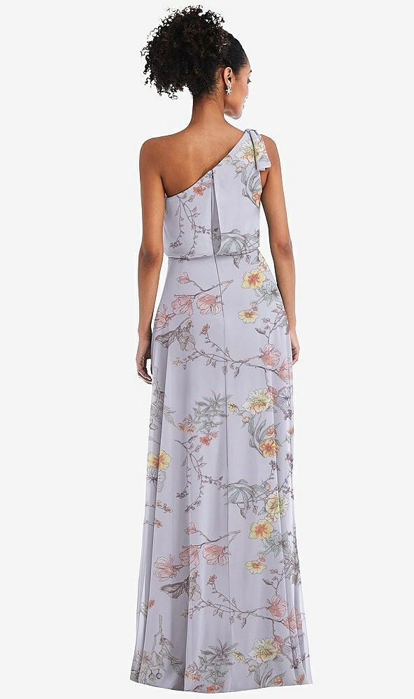 Back View - Butterfly Botanica Silver Dove One-Shoulder Bow Blouson Bodice Maxi Dress