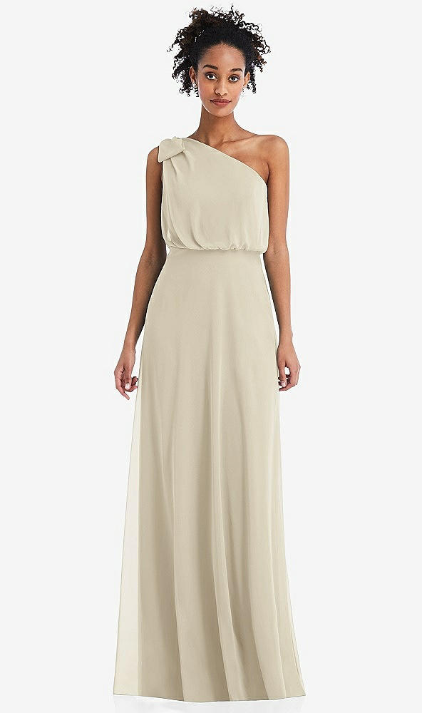 Front View - Champagne One-Shoulder Bow Blouson Bodice Maxi Dress