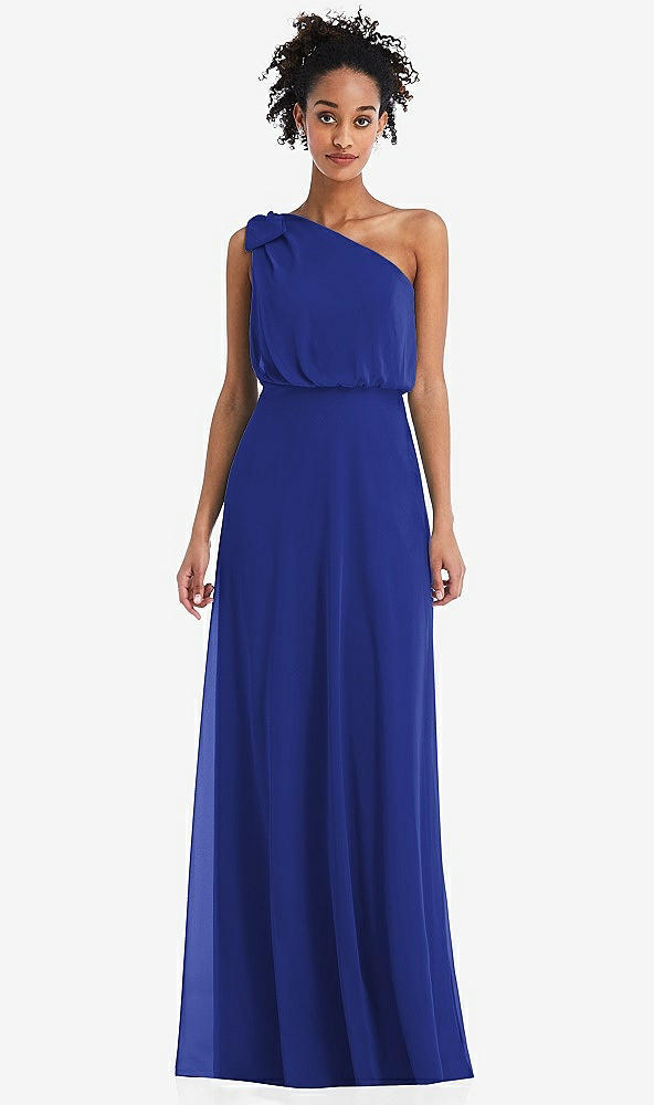 Front View - Cobalt Blue One-Shoulder Bow Blouson Bodice Maxi Dress