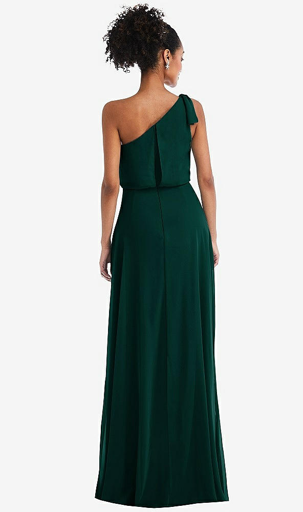 Back View - Evergreen One-Shoulder Bow Blouson Bodice Maxi Dress