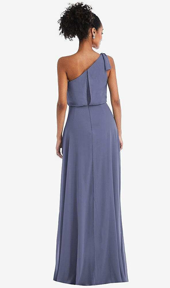 Back View - French Blue One-Shoulder Bow Blouson Bodice Maxi Dress