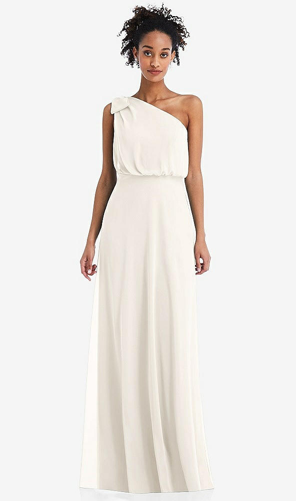 Front View - Ivory One-Shoulder Bow Blouson Bodice Maxi Dress