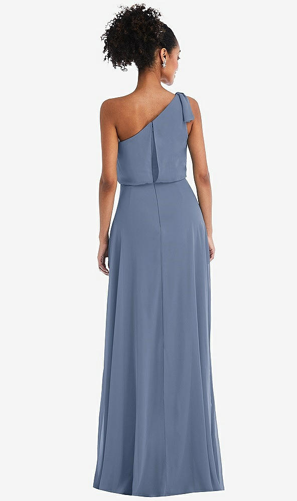 Back View - Larkspur Blue One-Shoulder Bow Blouson Bodice Maxi Dress