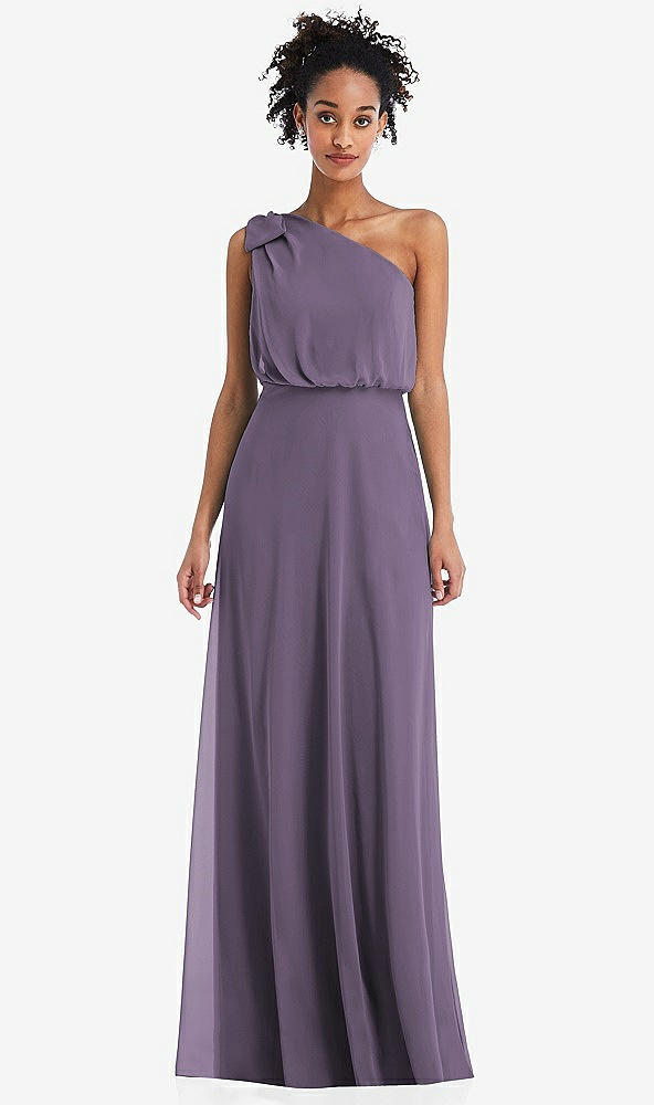 Front View - Lavender One-Shoulder Bow Blouson Bodice Maxi Dress
