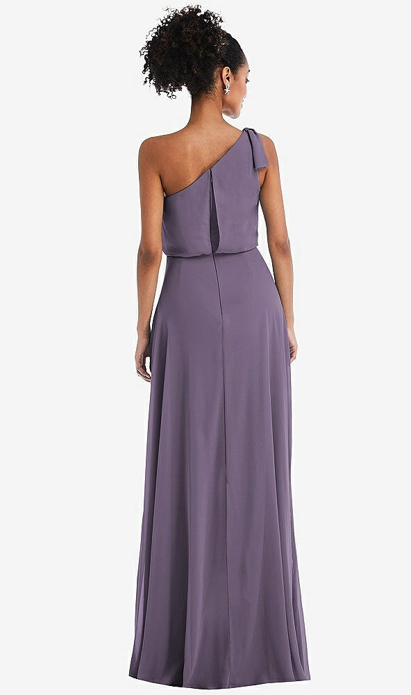 Back View - Lavender One-Shoulder Bow Blouson Bodice Maxi Dress