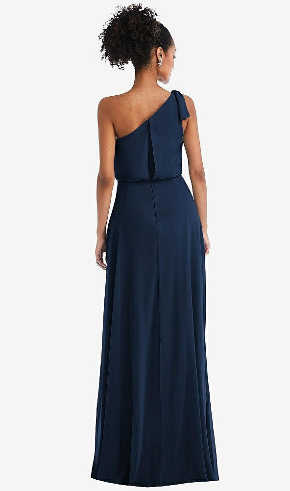 Back View - Midnight Navy One-Shoulder Bow Blouson Bodice Maxi Dress