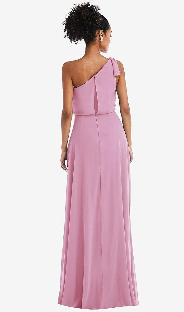 Back View - Powder Pink One-Shoulder Bow Blouson Bodice Maxi Dress