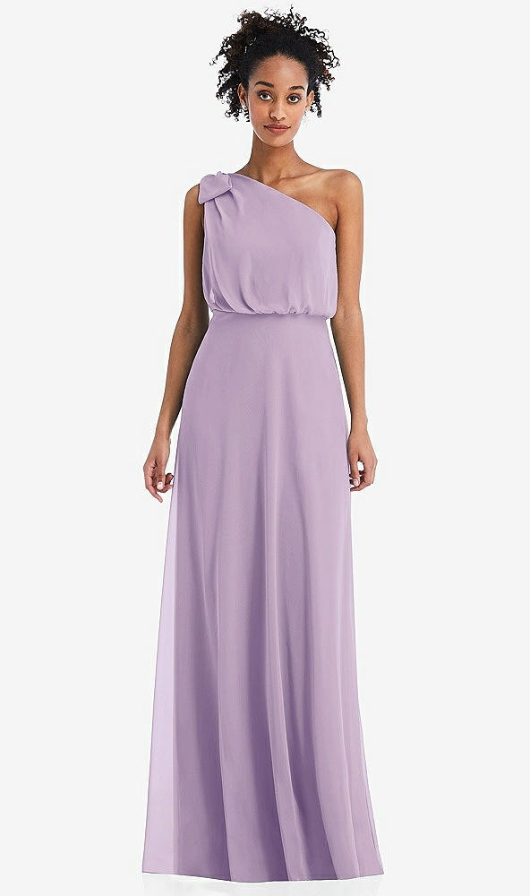 Front View - Pale Purple One-Shoulder Bow Blouson Bodice Maxi Dress