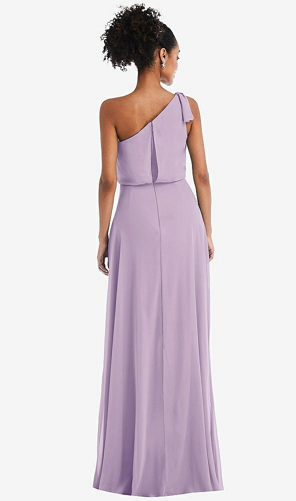 Back View - Pale Purple One-Shoulder Bow Blouson Bodice Maxi Dress