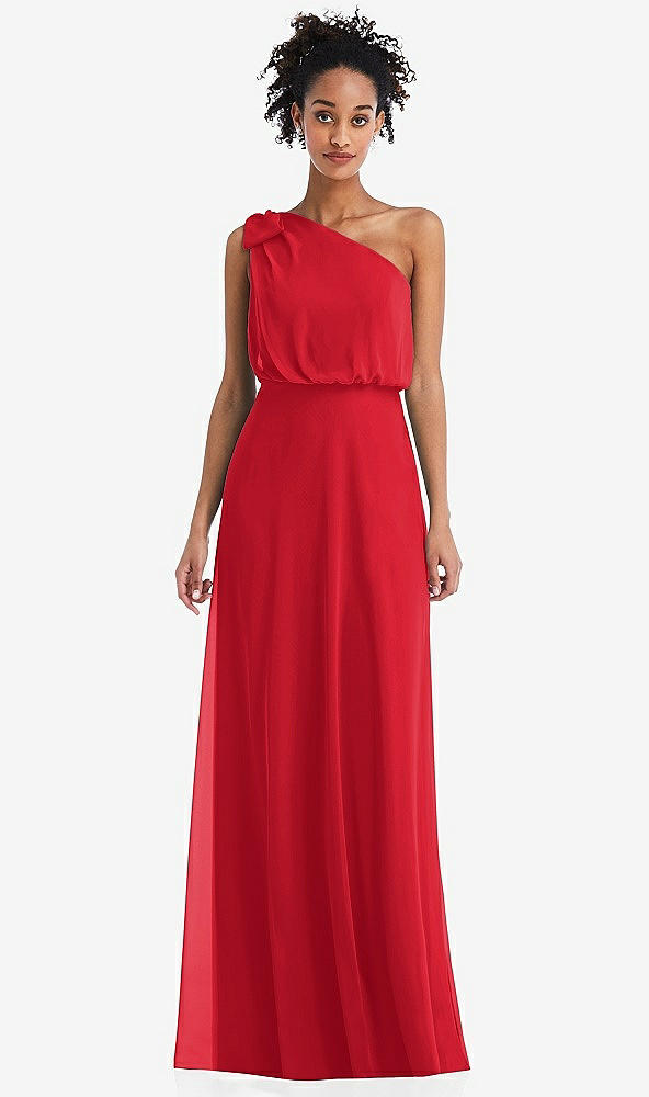 Front View - Parisian Red One-Shoulder Bow Blouson Bodice Maxi Dress
