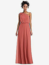 Front View Thumbnail - Coral Pink One-Shoulder Bow Blouson Bodice Maxi Dress