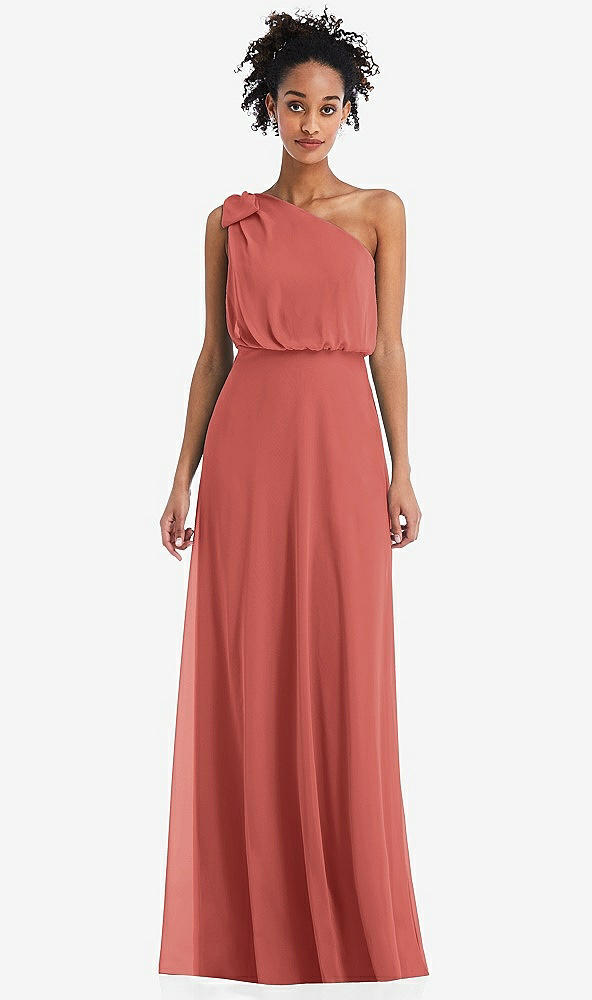 Front View - Coral Pink One-Shoulder Bow Blouson Bodice Maxi Dress