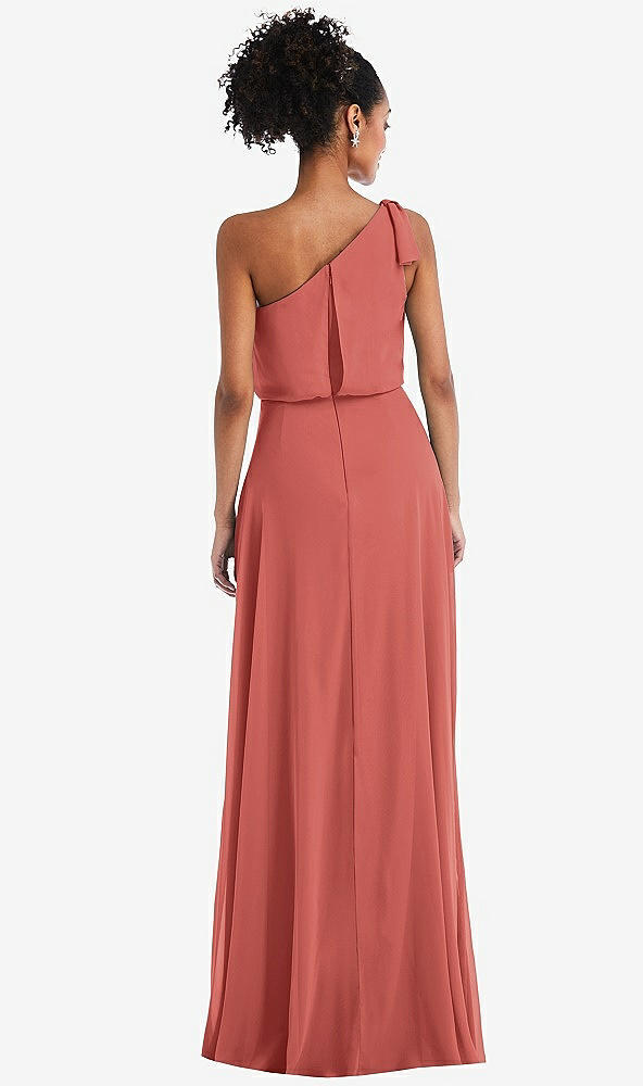 Back View - Coral Pink One-Shoulder Bow Blouson Bodice Maxi Dress