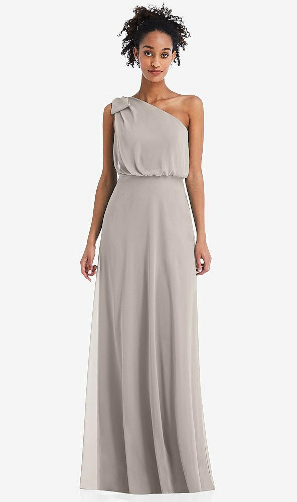 Front View - Taupe One-Shoulder Bow Blouson Bodice Maxi Dress