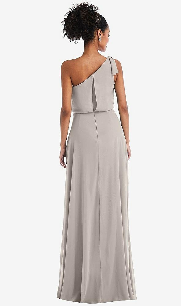 Back View - Taupe One-Shoulder Bow Blouson Bodice Maxi Dress