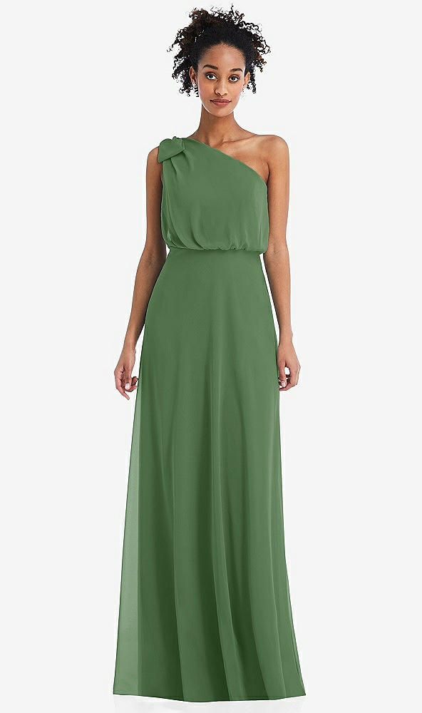 Front View - Vineyard Green One-Shoulder Bow Blouson Bodice Maxi Dress