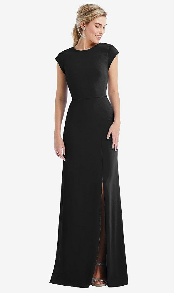 Front View - Black Cap Sleeve Open-Back Trumpet Gown with Front Slit