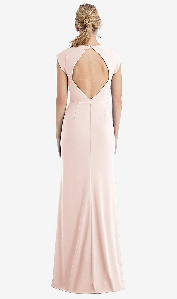 Back View - Blush Cap Sleeve Open-Back Trumpet Gown with Front Slit