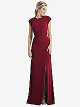 Front View Thumbnail - Burgundy Cap Sleeve Open-Back Trumpet Gown with Front Slit