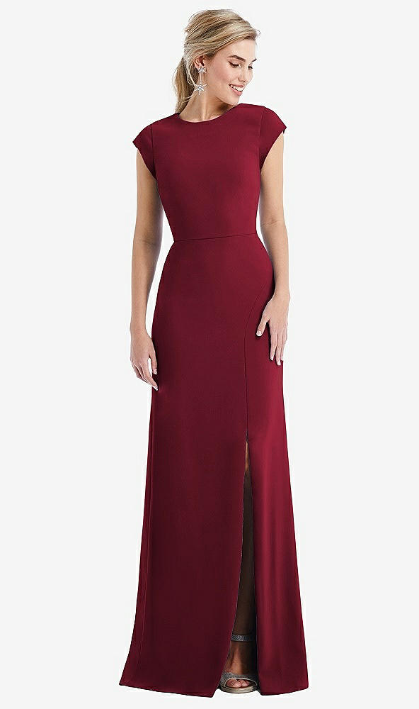 Front View - Burgundy Cap Sleeve Open-Back Trumpet Gown with Front Slit