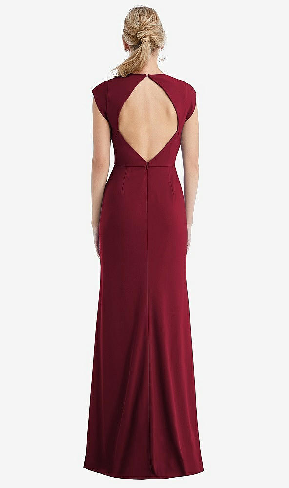 Back View - Burgundy Cap Sleeve Open-Back Trumpet Gown with Front Slit
