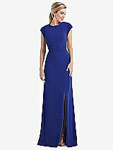 Front View Thumbnail - Cobalt Blue Cap Sleeve Open-Back Trumpet Gown with Front Slit