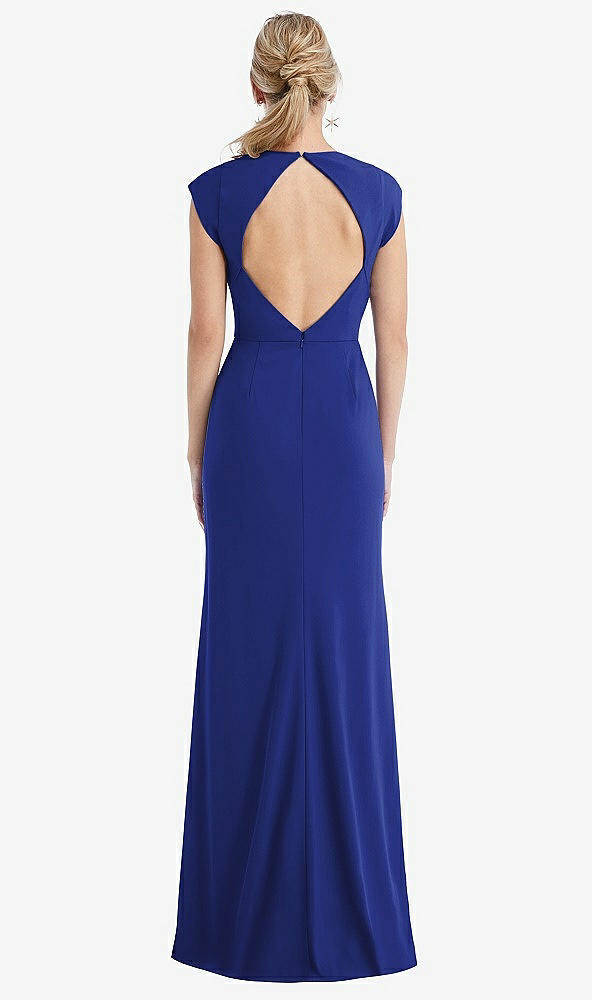 Back View - Cobalt Blue Cap Sleeve Open-Back Trumpet Gown with Front Slit