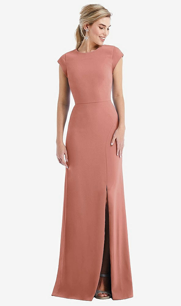 Front View - Desert Rose Cap Sleeve Open-Back Trumpet Gown with Front Slit