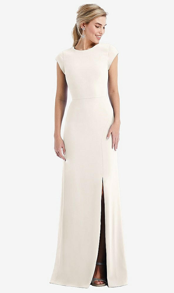 Front View - Ivory Cap Sleeve Open-Back Trumpet Gown with Front Slit