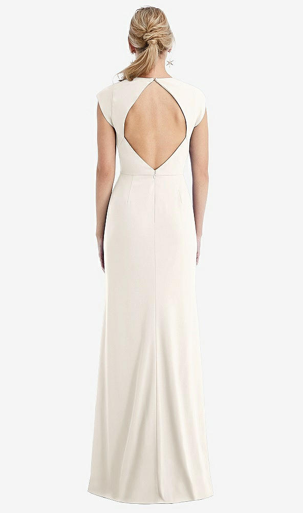 Back View - Ivory Cap Sleeve Open-Back Trumpet Gown with Front Slit