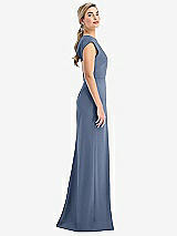 Side View Thumbnail - Larkspur Blue Cap Sleeve Open-Back Trumpet Gown with Front Slit