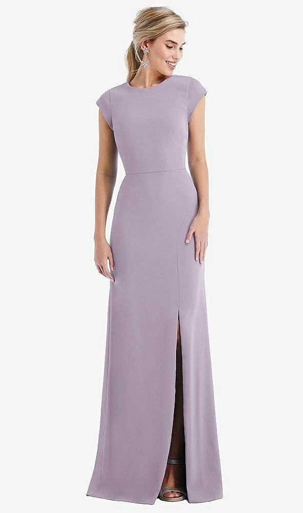 Front View - Lilac Haze Cap Sleeve Open-Back Trumpet Gown with Front Slit