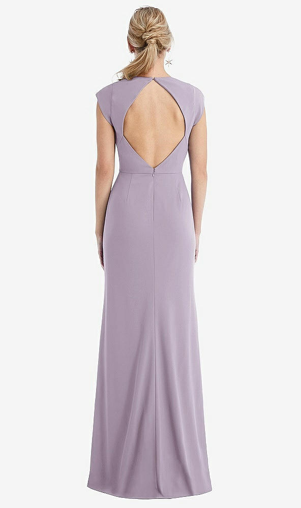 Back View - Lilac Haze Cap Sleeve Open-Back Trumpet Gown with Front Slit
