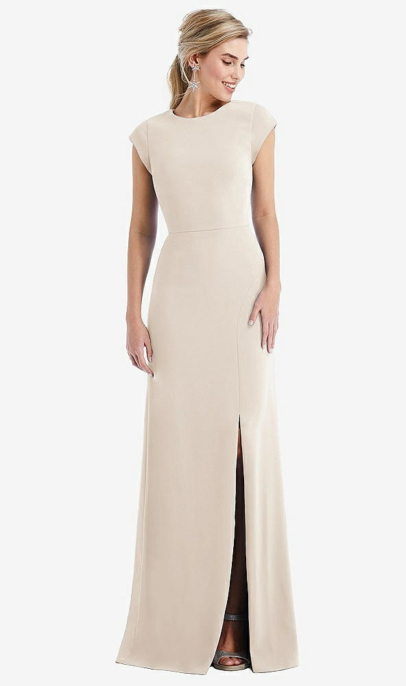 Front View - Oat Cap Sleeve Open-Back Trumpet Gown with Front Slit