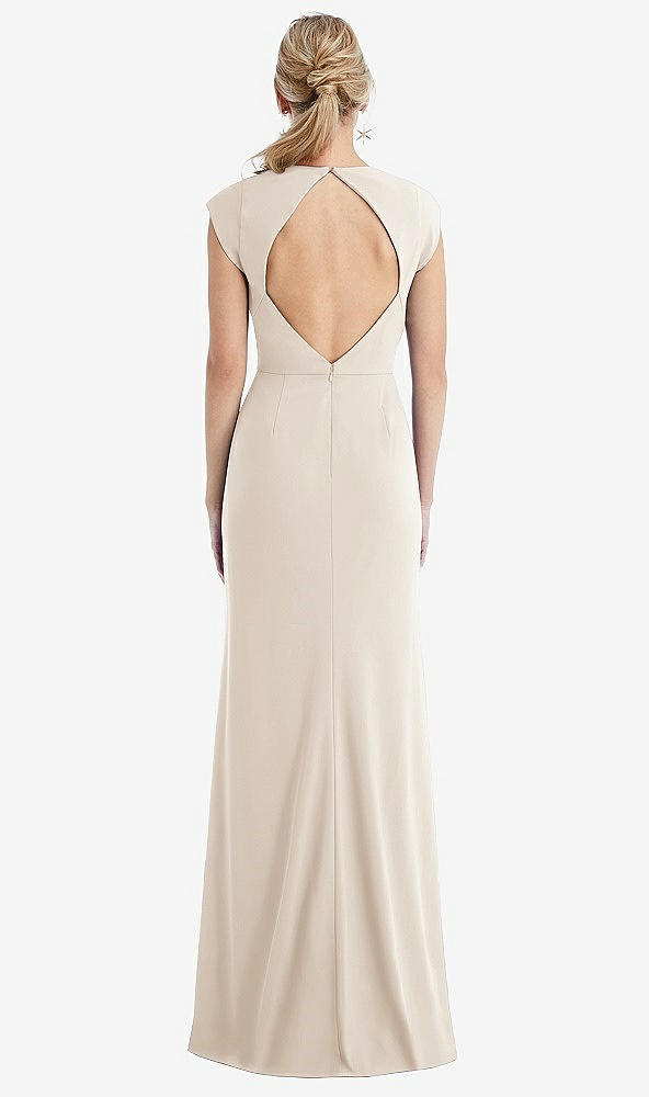 Back View - Oat Cap Sleeve Open-Back Trumpet Gown with Front Slit