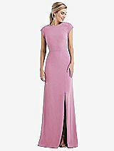 Front View Thumbnail - Powder Pink Cap Sleeve Open-Back Trumpet Gown with Front Slit