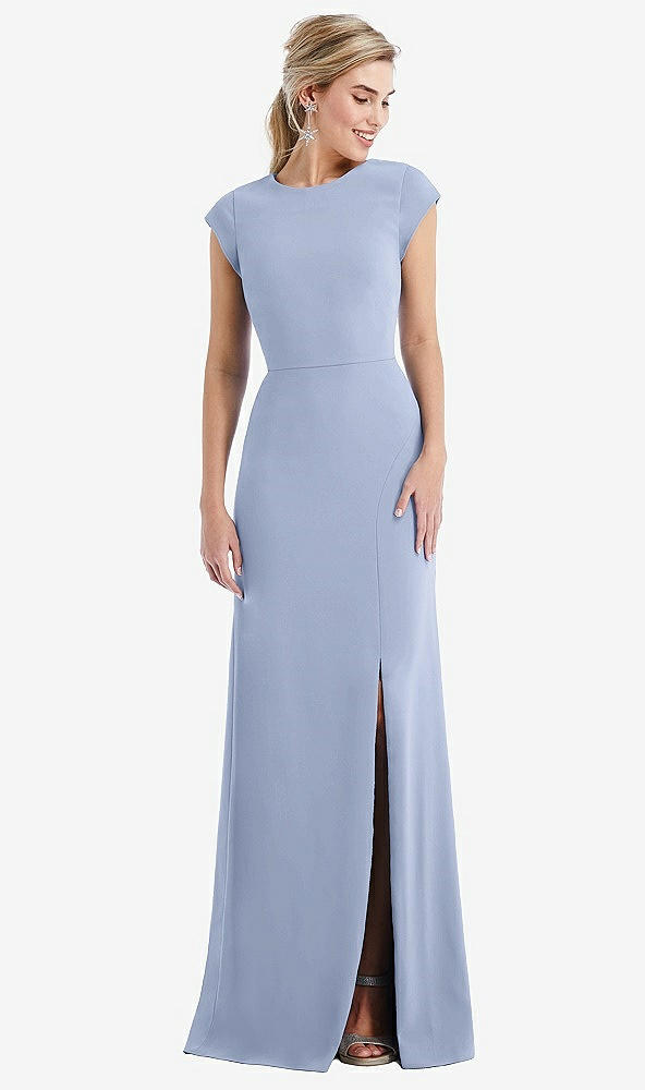 Front View - Sky Blue Cap Sleeve Open-Back Trumpet Gown with Front Slit