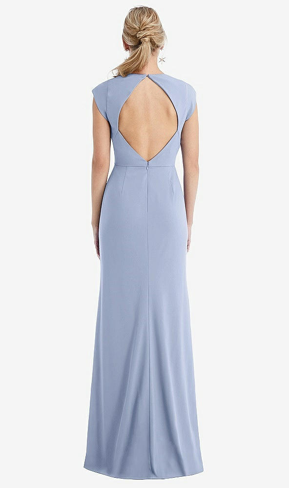 Back View - Sky Blue Cap Sleeve Open-Back Trumpet Gown with Front Slit