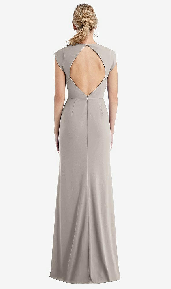 Back View - Taupe Cap Sleeve Open-Back Trumpet Gown with Front Slit