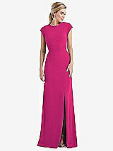 Front View Thumbnail - Think Pink Cap Sleeve Open-Back Trumpet Gown with Front Slit